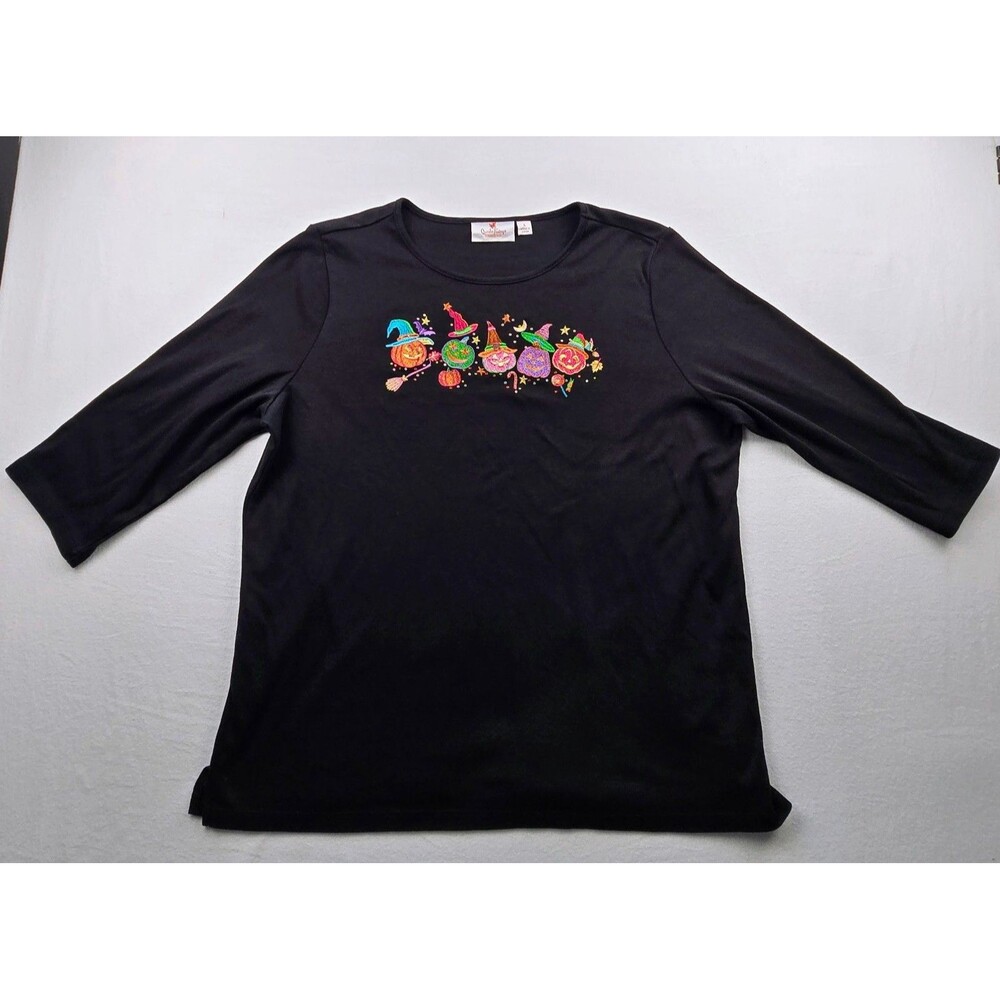 Quacker Factory Halloween Large Pumpkin Witch Hat Embroidered 3/4 Sleeve Top